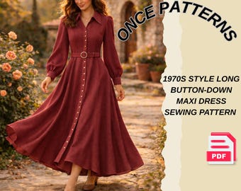 Patrón de vestido largo maxi abotonado estilo años 70 - Vestido con mangas obispo y puntada princesa - Patrón de costura de vestido sencillo - Vestido estilo casa de campo