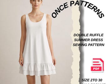 Vestido de verano con doble volante - Patrón de costura en PDF para minivestido trapezoidal - Patrón de vestido con cuello redondo, patrón de costura fácil para mujeres de 2 a 30 años.