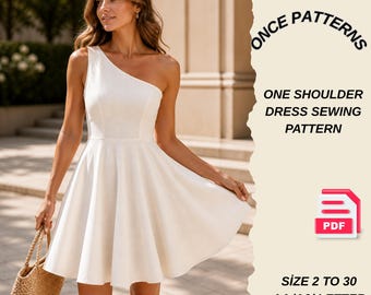 Patrón de costura para vestido de un solo hombro, vestido asimétrico en PDF, patrón de vestido ajustado y con vuelo, vestido con costura princesa, patrón de vestido de verano de 2 a 30