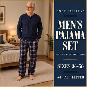 Naaipatroon voor herenpyjama (PDF), Henley-slaapshirtpatroon, pyjamaset met raglanmouwen, top met lange mouwen en broek | A4 A0 US Letter | 36 tot 56