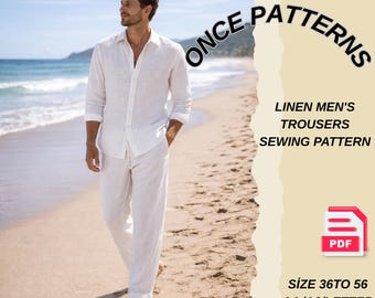 Patrón de pantalones de lino para hombre / Pantalones de corte holgado / Patrón de costura en PDF para ropa de playa / Conjunto de verano DIY Tallas 36 a 56