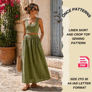May include: A woman wearing a green linen skirt and crop top. The image includes text that reads "ONCE PATTERNS LINEN SKIRT AND CROP TOP SEWING PATTERN PDF SIZE 2TO 30 A4/A0/LETTER FORMAT". The outfit is a sewing pattern.
