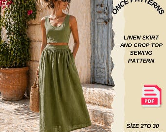 Patrón de costura en PDF para conjunto de top corto y falda larga de lino / Patrón de conjunto de dos piezas para verano / Top sin mangas y falda fruncida / Descarga digital