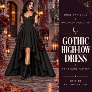 Patrón de costura en PDF para vestido gótico de Halloween con bajo asimétrico, escote corazón y corte circular, tallas estadounidenses 2-30. Descarga instantánea.