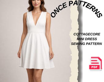 Patrón de vestido de mujer estilo cottagecore con cuello en V, vestido de verano en PDF - Vestido ajustado sin mangas con falda acampanada - Patrón de costura fácil 2 a 30