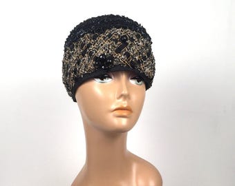 Vintage 1960s Purcells by Delma Black Hat w/Ivory Details and Beading