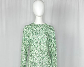 Vintage 1960s Green and White Long Sleeve Floral Gown