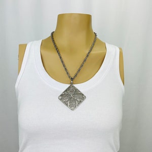 Vintage 1960s Silver Cut Out Square Pendant Necklace image 1