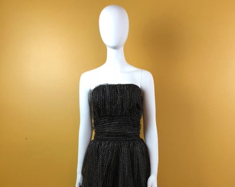 Vintage 1980s Black and Silver Tea Length Strapless Party Dress