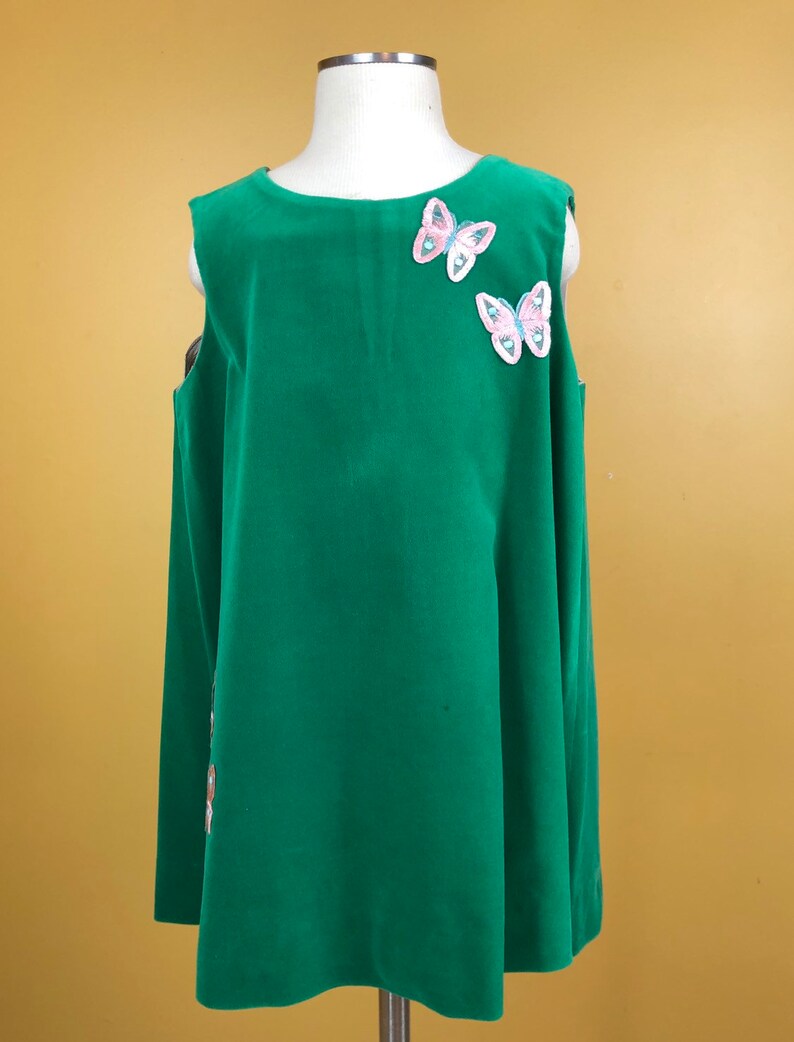 Vintage 1980s Girls Green Velour Sleeveless Dress with Pink Butterflies