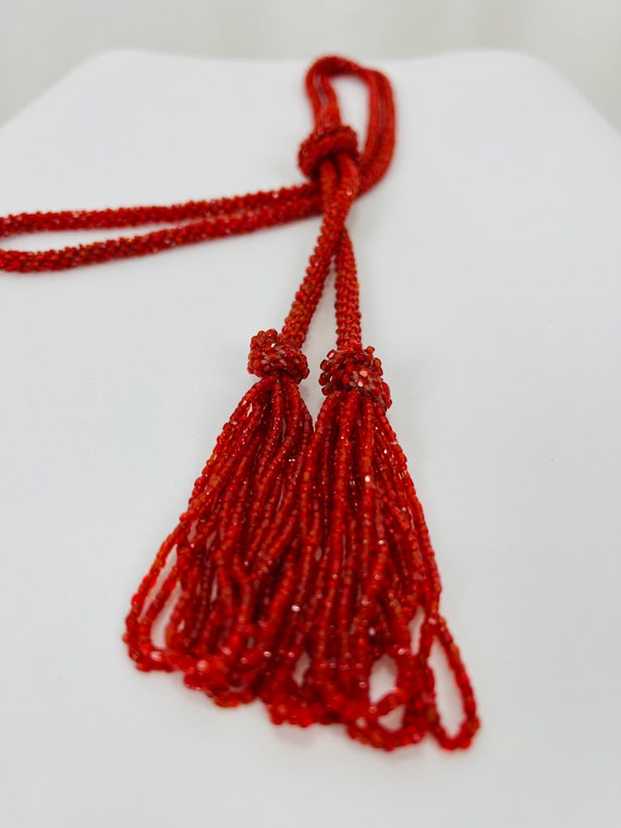 Vintage 1970s Red Beaded Tassel Necklace - image 3