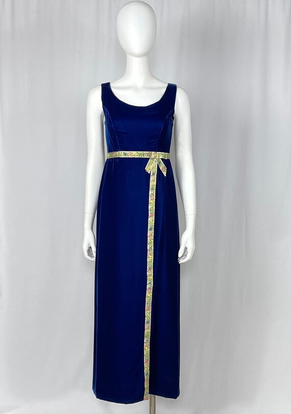 Vintage 1970s Blue Velour Sleeveless Gown