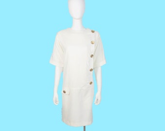 Vintage 1980s R & K Originals White Dress with Large Gold Buttons Size 12