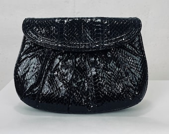 Vintage 1980s Korea Eel Skin Black Leather Clutch