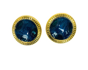 Vintage 1980s Blue Green and Gold Large Circle Earrings