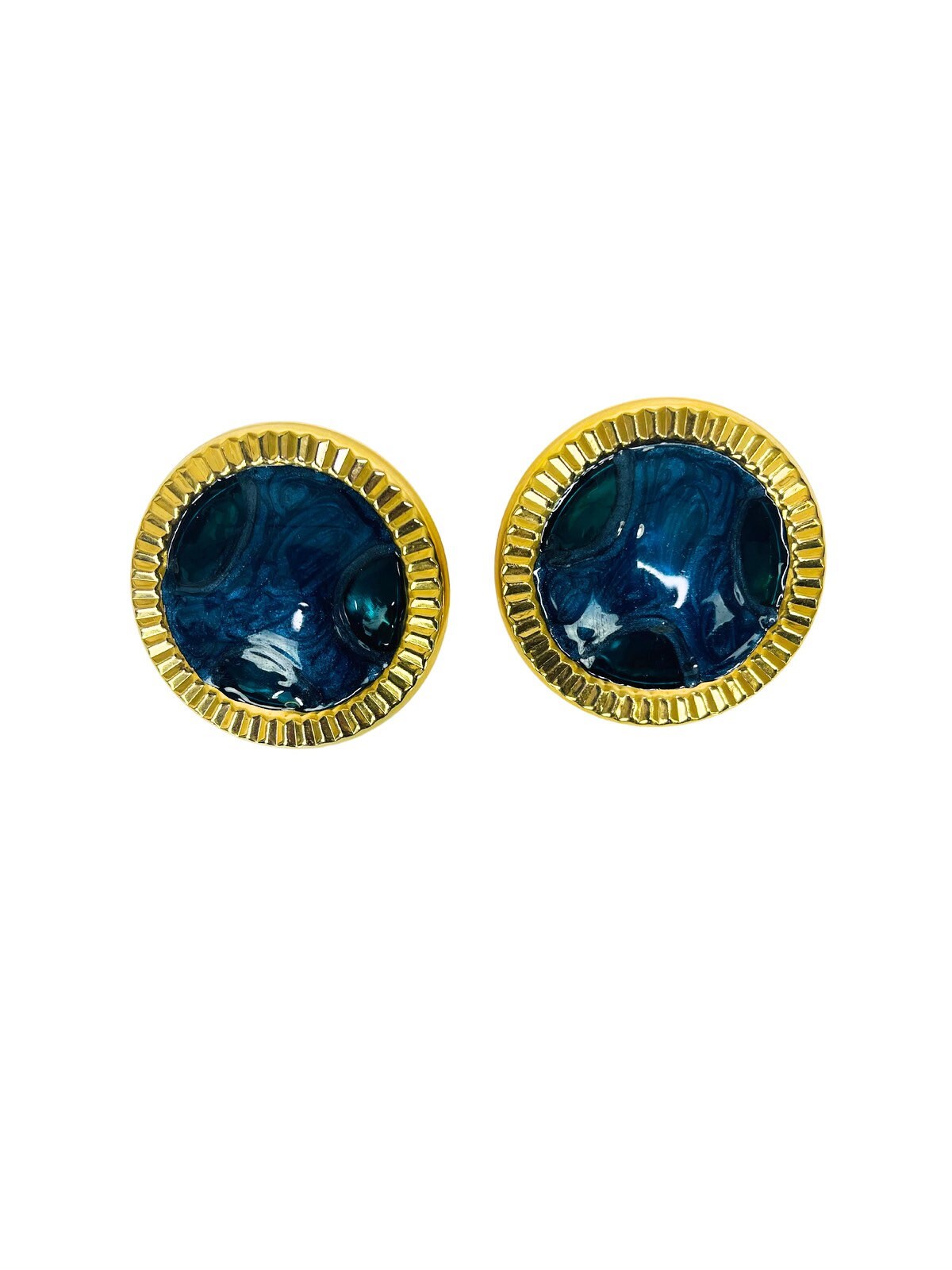 Vintage 1980s Blue Green and Gold Large Circle Earrings