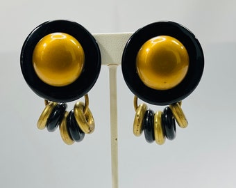 Vintage 1980s Black and Gold Clip Ons with Dangling Circles