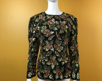 Vintage 1980s Scala Langarm Schwarz, Gold und Grün Floral Pailletten Bluse