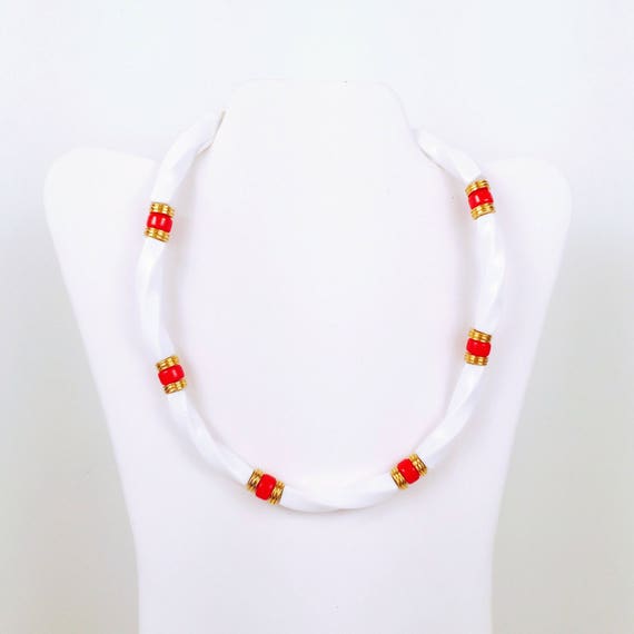 Vintage 1970s White, Red and Gold Plastic Necklace - image 1