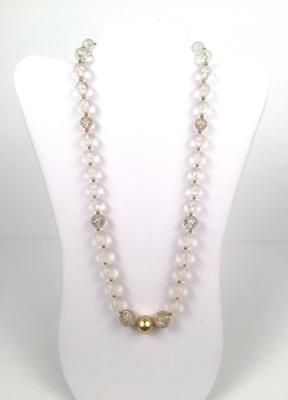 Vintage 1980s Clear Beaded Necklace with Gold Acc… - image 1