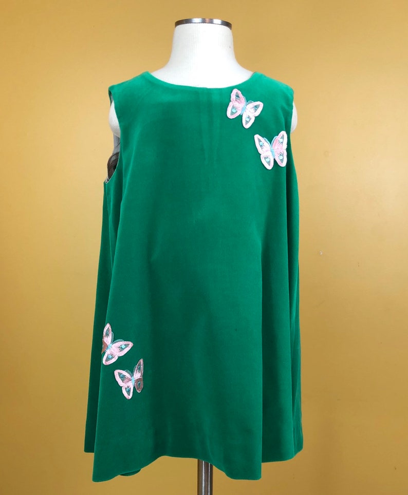 Vintage 1980s Girls Green Velour Sleeveless Dress with Pink Butterflies