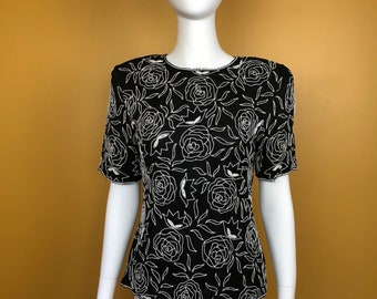 Stenay Black Short Sleeve Blouse with White Sequin Flowers