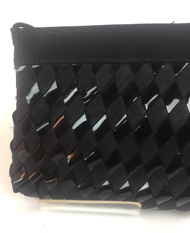 Vintage 1970s LaRegale Ltd Black Evening Bag Clutch Basketweave Satin and Patent Leather image 5