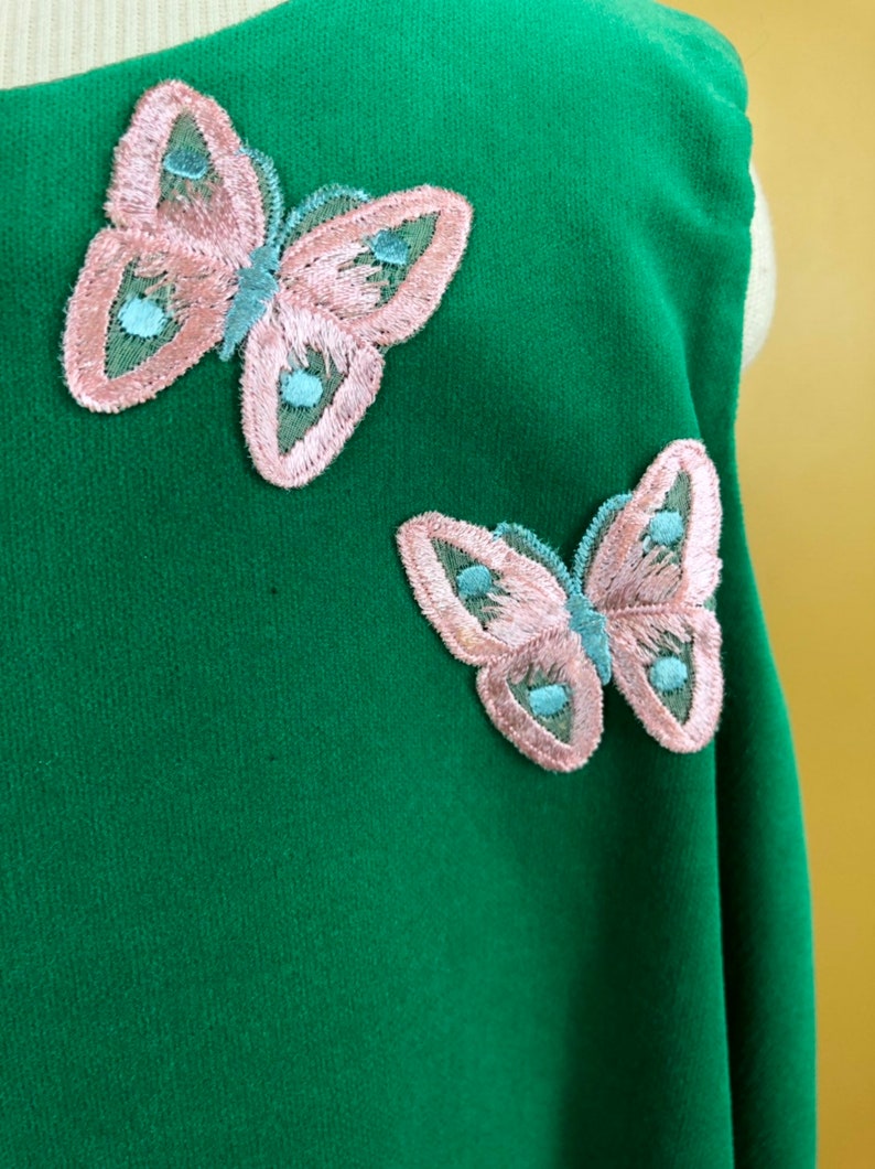 Vintage 1980s Girls Green Velour Sleeveless Dress with Pink Butterflies