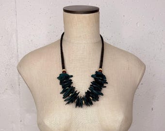 Handmade Statement Necklace | Dark Teal Shell Collar Necklace | Bold Boho Jewelry