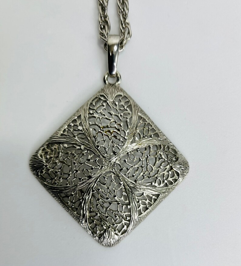 Vintage 1960s Silver Cut Out Square Pendant Necklace image 2