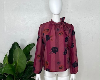 Vintage 1980s Shirley Magenta Striped Long Sleeve Blouse with Flowers
