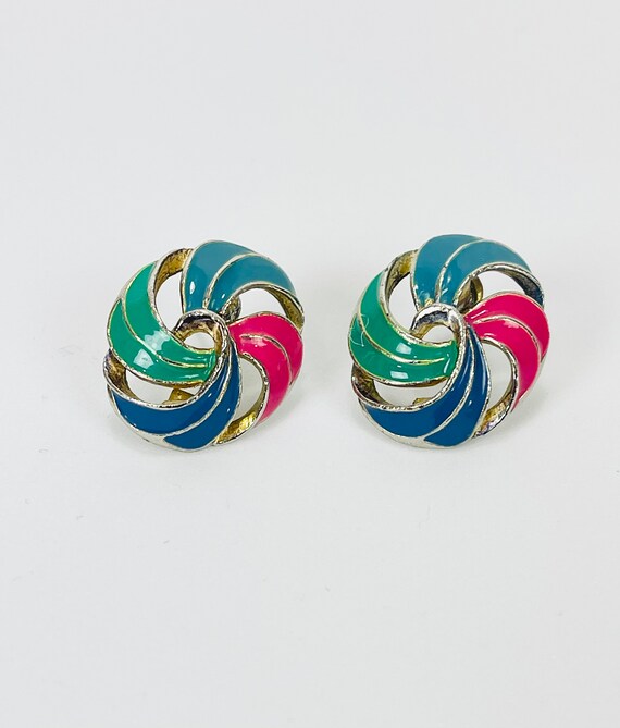 Vintage 1980s Multi Colored Swirl Earrings Pink G… - image 1