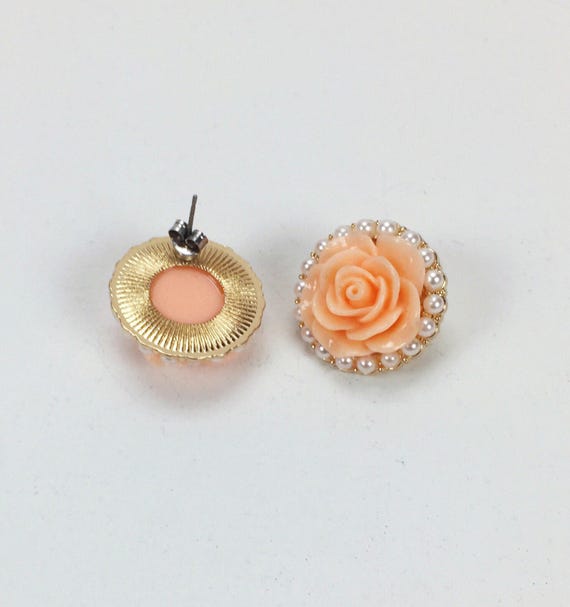 Vintage 1980s Peach Rose Pierced Earrings - image 2