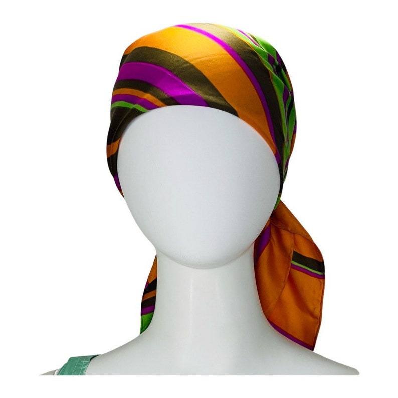 Vintage 1980s Orange Green and Pink Neiman Marcus Striped Silk Scarf image 1