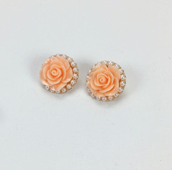 Vintage 1980s Peach Rose Pierced Earrings - image 1