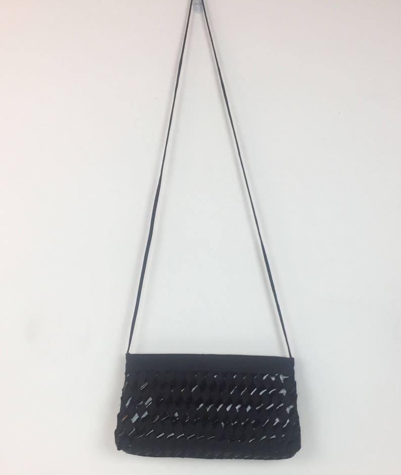 Vintage 1970s LaRegale Ltd Black Evening Bag Clutch Basketweave Satin and Patent Leather image 4