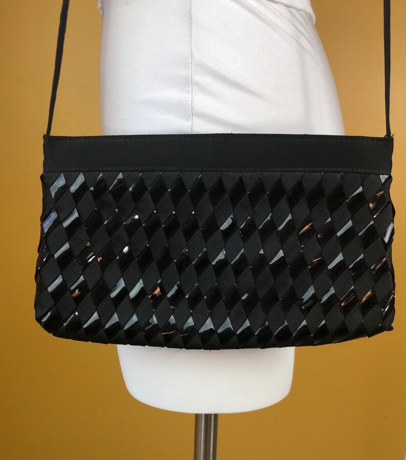 Vintage 1970s LaRegale Ltd Black Evening Bag Clutch Basketweave Satin and Patent Leather image 2