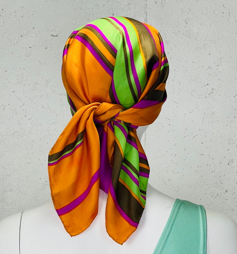 Vintage 1980s Orange Green and Pink Neiman Marcus Striped Silk Scarf image 2