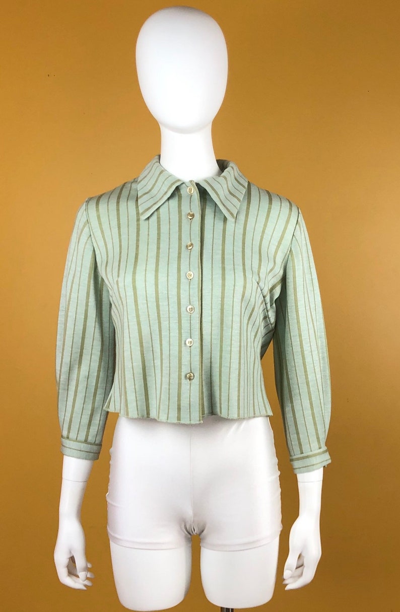 Vintage 1970s Pacemakers Jr Green and Brown Striped Blouse Jacket
