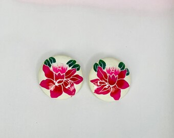 Vintage 1980s White Pierced Earrings with Pink Flower