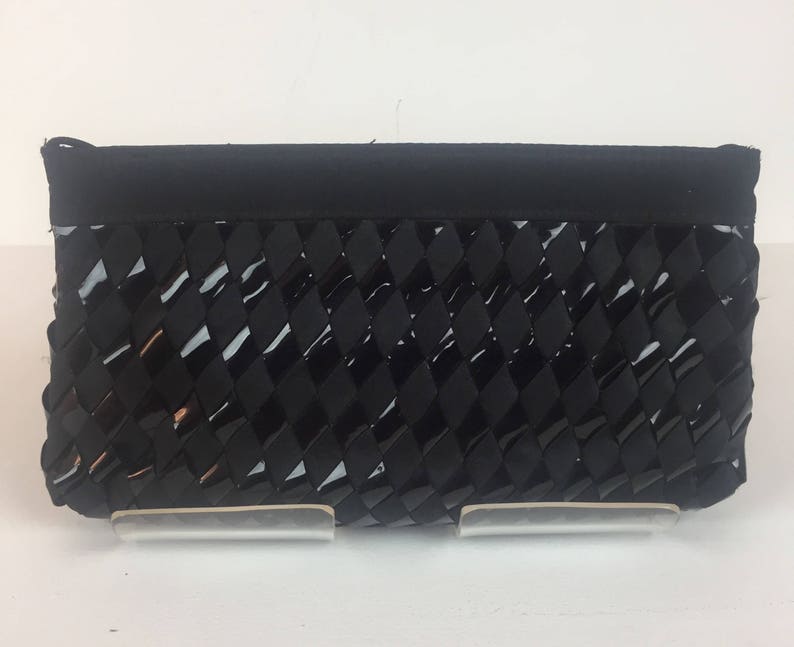 Vintage 1970s LaRegale Ltd Black Evening Bag Clutch Basketweave Satin and Patent Leather image 3