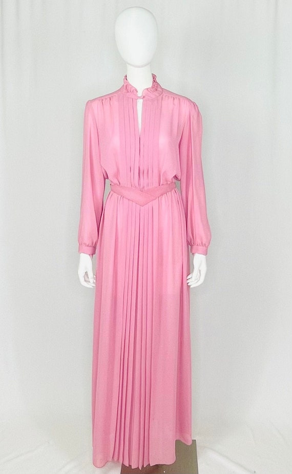 Vintage 1980s Sheer Rose Pleated Gown with Ruffle