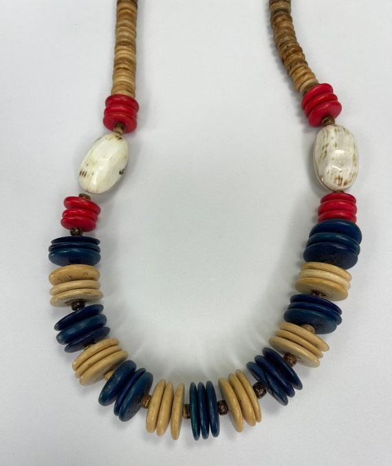 Vintage 1980s Blue Red and Natural Flat Beaded Ne… - image 2