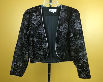 Vintage 1970s Jeri Marque Black and Silver Meatallic Bolero Style Velour Blazer