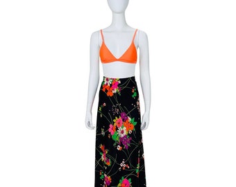 Vintage 1970s Black with Bright Florals Maxi Skirt