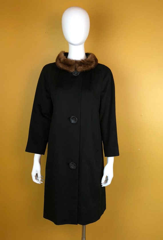 Vintage 1940's Judy Nell Black Wool Coat with Fur 