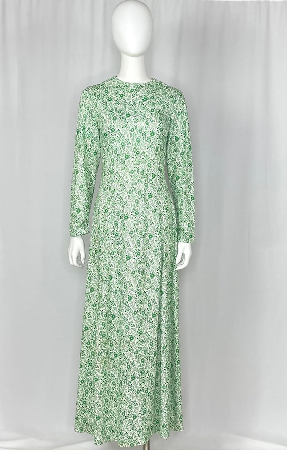 Vintage 1960s Green and White Long Sleeve Floral … - image 1