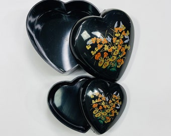 Vintage 1980s Set of 2 Black Heart Shaped Plastic Nesting Boxes