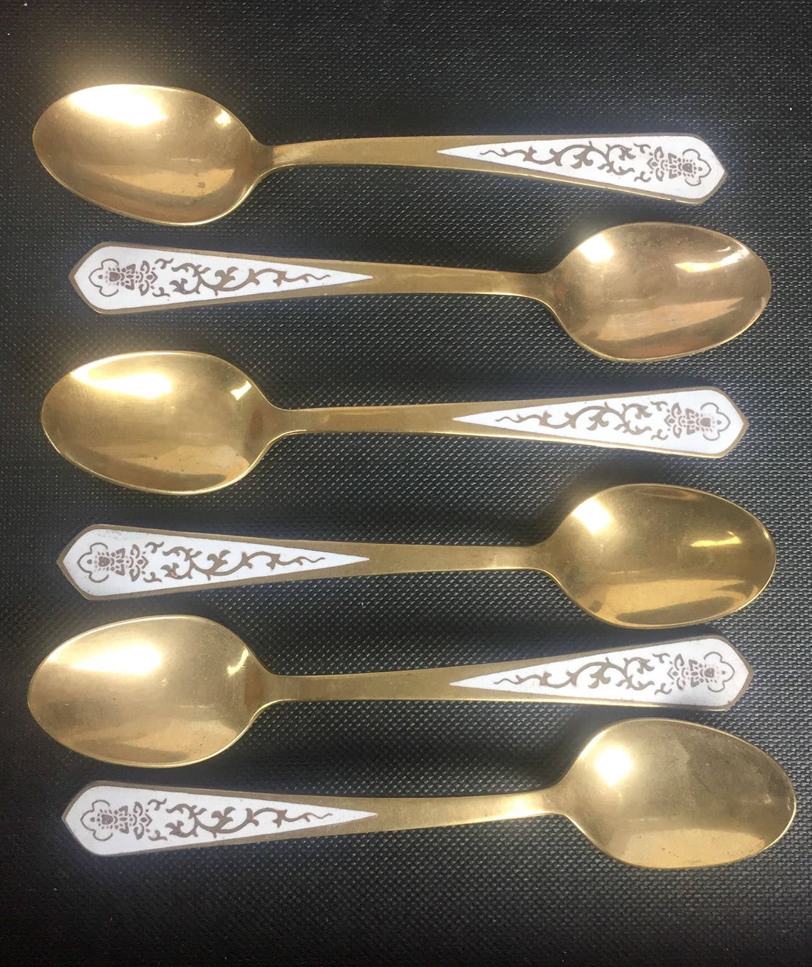 Vintage Set of 6 Gold Tone Bronze Spoons with White Enameled Etsy
