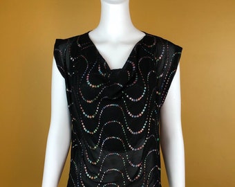 Vintage 1980s Black Sheer Blouse with Rainbow Metallic Design